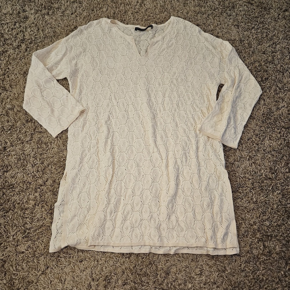 Peruvian Connection Beige Eyelet Tunic Top Womens Size M 100% Pima Cotton
